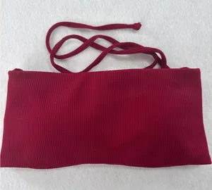 ZAFUL Womens Ribbed‎ Bandeau Halter Bikini Top Burgundy Red Size 6 US M thumbnail 1