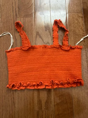 Thalia smocked embroidered orange cropped ruffle trim tank top thumbnail 2