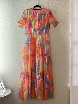 Sheer Multicolor Abstract Print Tiered Maxi Dress Short Sleeve Rainbow Medium thumbnail 9