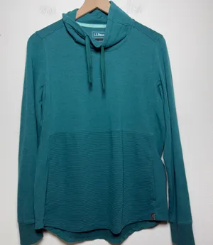L.L.Bean Womens Cotton Cozy Mixed-Knit Pullover Medium Storm Teal Funnel‎ thumbnail 1