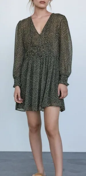 Zara Womens Green Cream Polka Dot Smocked‎ V-Neck Mini Dress L thumbnail 1