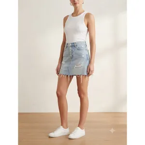 We The Free Denim Mini Skirt Womens 24 Light Wash Distressed Button Fly‎ Boho thumbnail 2