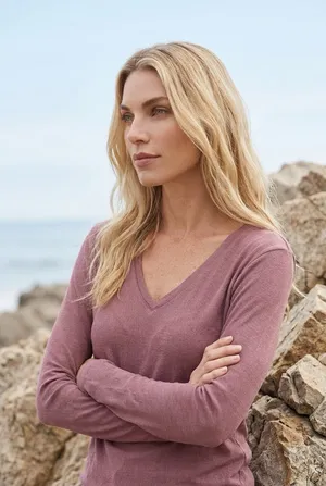 A New Day Mauve Ribbed V Neck Long Sleeve Top thumbnail 1