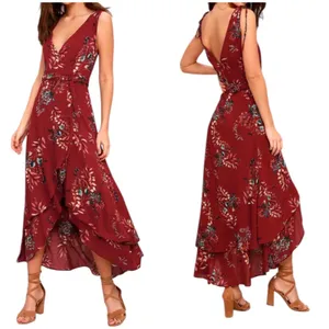 Lulus Amal Floral Wrap Maxi Dress M Burgundy V-Neck Hi-Low Summer Party Wedding thumbnail 2