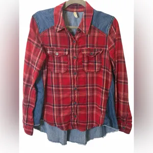Free People Runaway Plaid & Denim Mixed Media High Low Button Down Shirt M thumbnail 6
