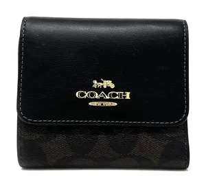 Coach Small Trifold Wallet In Blocked Signature Canvas Brown Black Leather CE930 thumbnail 1