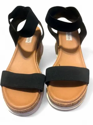Steve Madden black platform sandals with cork sole and black elastic straps. 10 thumbnail 1