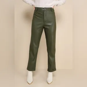 NWT Lulus Effortless Edge Vegan Leather Straight Leg Pants in Olive Green Size M thumbnail 2