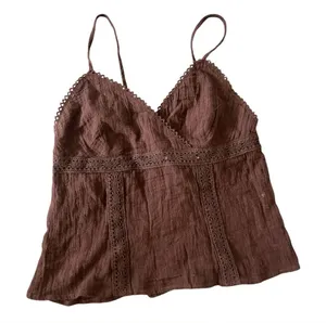 Vintage Y2K Newport News Brown Crinkle Cotton Lace Cami Top Size S thumbnail 1