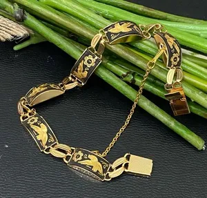 Vintage Damascene Gold-tone Enameled Birds & Flowers Link 8” Bracelet 16.3g thumbnail 1