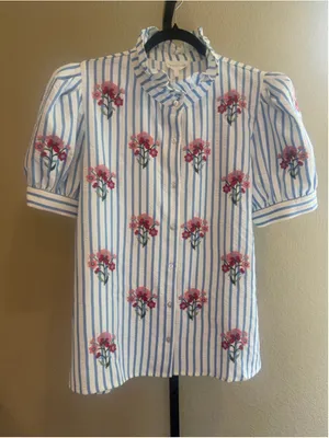 Entro Embroidered Stripe Puff Sleeve Blouse in Blue Size XL thumbnail 2