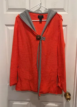 Pure Handknit for Fresh Produce Orange Cotton Knit Hooded Cardigan‎ Sweater L/XL thumbnail 1