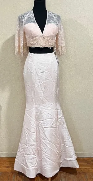 Sherri Hill 50877 blush pink mermaid lace bell sleeve mikado skirt gown NEW 2 thumbnail 1