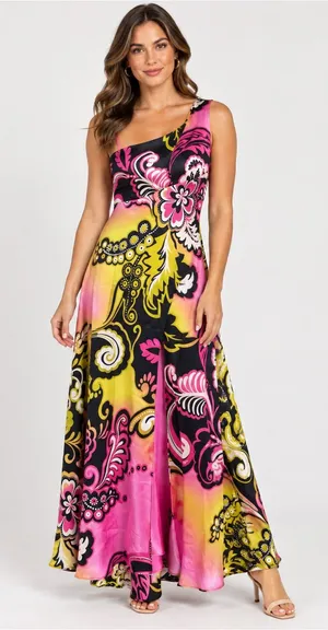 Mary L Couture Silk One Shoulder Maxi Dress Y2K Floral Vintage thumbnail 1