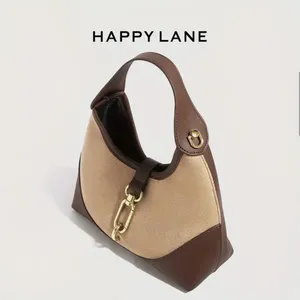 Happy Lane Two-Tone Hobo Shoulder Bag Suede Brown Beige Gold Hardware NIP thumbnail 3