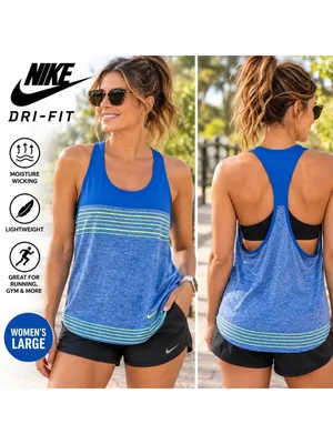 Nike Dri-FIT Womens Large Racerback Tank Top Blue Volt Green Striped Running thumbnail 2