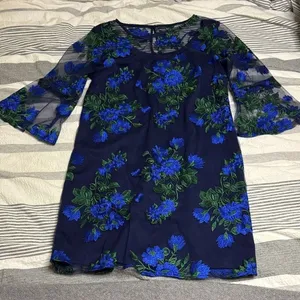 💕NWOT Leslie Fay Navy Dress Blue Floral Embroidered Bell Sleeve Sheath Sheer thumbnail 1