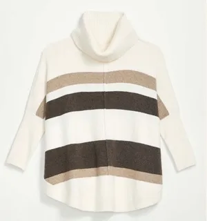 LOFT Womens Striped Cowl Neck Poncho Sweater‎ Cream Brown Tan Small thumbnail 1