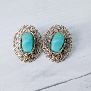 Vintage Clip On Earrings Large Ornate Gold Tone with Green Center thumbnail 2