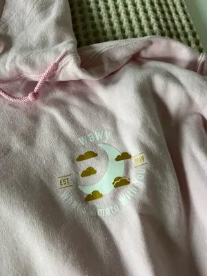 Soft light pink pullover hoodie. Features a small chest graphic logo in cream and gold tones. Front kangaroo pocket. Drawstring hood. Casual and cozy style. thumbnail 4