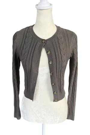 Wild Fable olive green long sleeve button down cropped cable knit sweater XS thumbnail 1