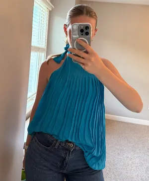 Alice + Olivia Blue Pleated Halter Blouse thumbnail 1