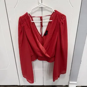 NWOT Lulus Loving Aura Coral Red Smocked Long Flutter Sleeve Top thumbnail 3