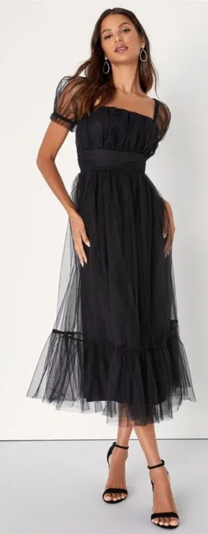 Lulus Flawless Aura Black Tulle Puff Sleeve Ruffled Midi Dress Size XL Formal thumbnail 1