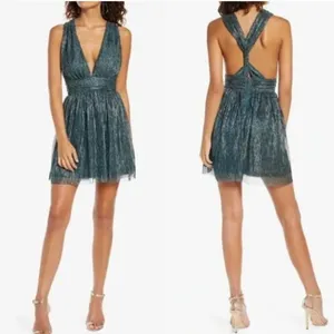 121. LULU'S Ailey Metallic Stripe Twist Back Cocktail Dress in Gold/ Teal thumbnail 2
