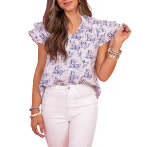 Entro Toile Flutter‎ Sleeve Blouse Womens Small White Blue Flutter Sleeve Ruffle thumbnail 12