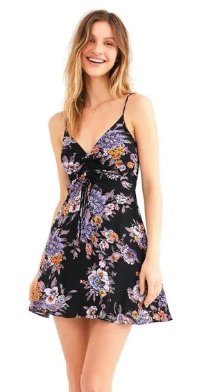 Free People Happy Heart Floral Mini Dress Small Black Purple Ruched Tie Front Sm thumbnail 1