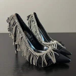 Azalea Wang Trystan Black Rhinestone Fringe Ruffle Pointed Toe Stiletto Pumps 11 thumbnail 4
