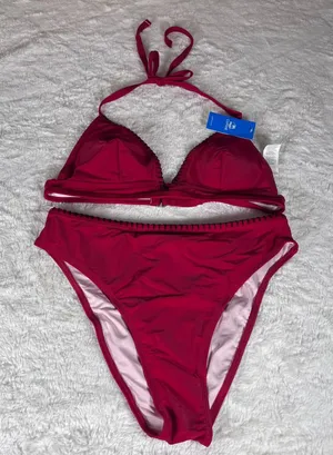 Cupshe Red High Waisted Bikini Set Whipstitch Halter Triangle Top Size Large NWT thumbnail 1