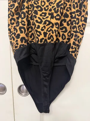Leopard Print Cowl Neck Bodysuit in Tan and Black thumbnail 6