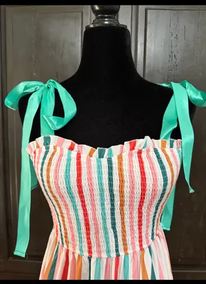 Shein Rainbow colorful Candies Stripe Cami Maxi Dress w-Green Ribbon straps -Small. Super cute, gently warn and excellent condition. Measurements approximately 13” from armpit to armpit x 46.5”” long. Non-smoking home. Priced to sell at as is condition. Don’t like my price, make reasonable offer! thumbnail 3