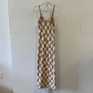 Peppermayo Wavy Checkerboard Knit Midi Dress Tan Cream S/M Sleeveless Bodycon thumbnail 2