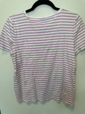 Talbots 100% Cotton Short Sleeve Striped V-Neck T-Shirt Size L White and Purple thumbnail 5