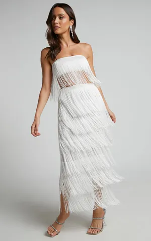 New Showpo Amalie 2PC Set Fringe Strapless Crop Top & Midi Skirt Set Size XS thumbnail 3