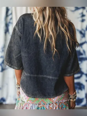 NEW Three Bird Nest Saddle Up Cotton Boho Oversized Coastal Cowgirl Denim Top S thumbnail 3