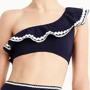 J. Crew Navy Rickrack One Shoulder Ruffle Swim Bikini Top Size Large thumbnail 2