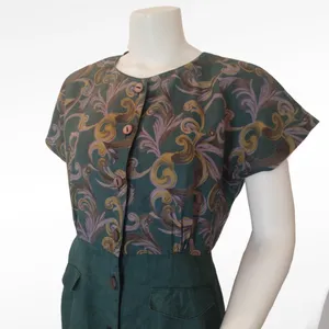 Vintage 80s Dress Linen Dress Green Pencil Skirt Floral‎ Short Sleeves Button-Up thumbnail 3