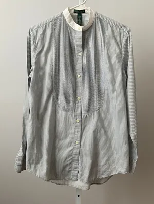 Lauren Ralph‎ Lauren Preppy S Blue Striped Button Tuxedo Bib Grandmillennial thumbnail 1