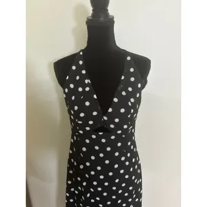 Polka Dot Maxi Dress Black White V-Neck Cutout Tiered Ruffle Retro Sexy SZ M / 6 thumbnail 3
