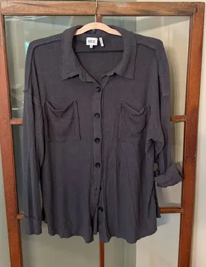 BKE Buckle Charcoal Grey Ribbed Boyfriend Layering Button-Up Shirt Jacket Small thumbnail 1