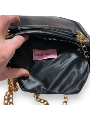 Melie Bianco Geometric Vegan Leather Black Shoulder Bag with gold chains thumbnail 8