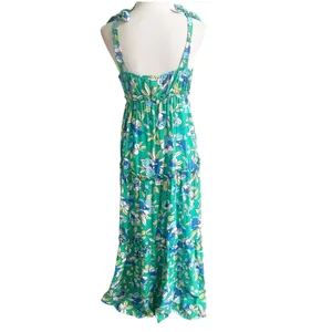Monteau Los Angeles Floral Tiered Maxi Dress Green Size Large V-Neck Bohemian thumbnail 2
