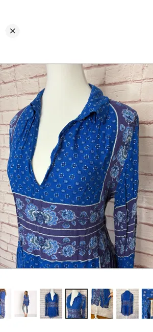 Free People Changing Times Tunic in Blue/Purple Paisley EUC Small. Oversize fit. No stretch. 100% rayon. Elastic and ruffle cuff. Deep v front. Split at hips. 19” bust 26-28” long thumbnail 5