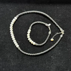 WJ Sterling Silver 925 Braided Black Leather Pearl Necklace Bracelet Jewelry Set thumbnail 2