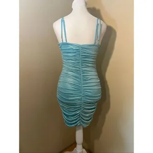 Lucy In The Sky Aquamarine Blue Shimmer Ruched Bodycon Dress Small thumbnail 3