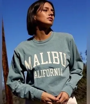 John Galt Malibu California Long Sleeve Graphic Cropped Tee Light Blue Cotton OS thumbnail 1